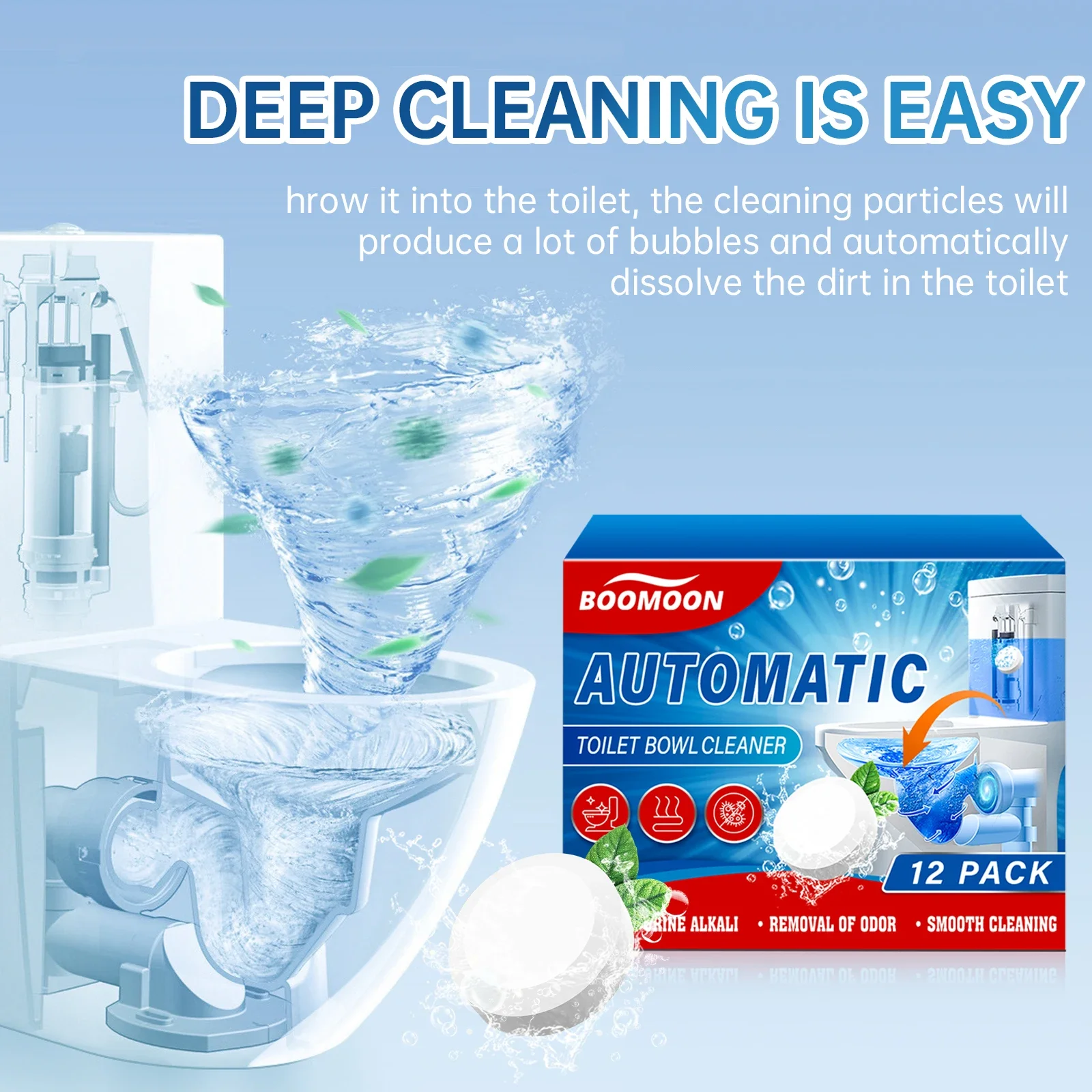 Compresse per la pulizia dei WC da 12 pezzi. Gocce effervescenti rimuovono scaglie, ruggine, macchie odori Detergente gorgogliante automatico per la tua ciotola