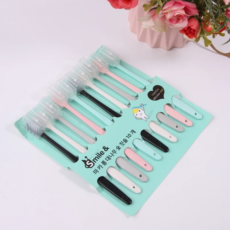 Q1QD 10pcs/set Eco-Friendly Toothbrush Natural Handle Soft Bristle Adult Soft Bristle