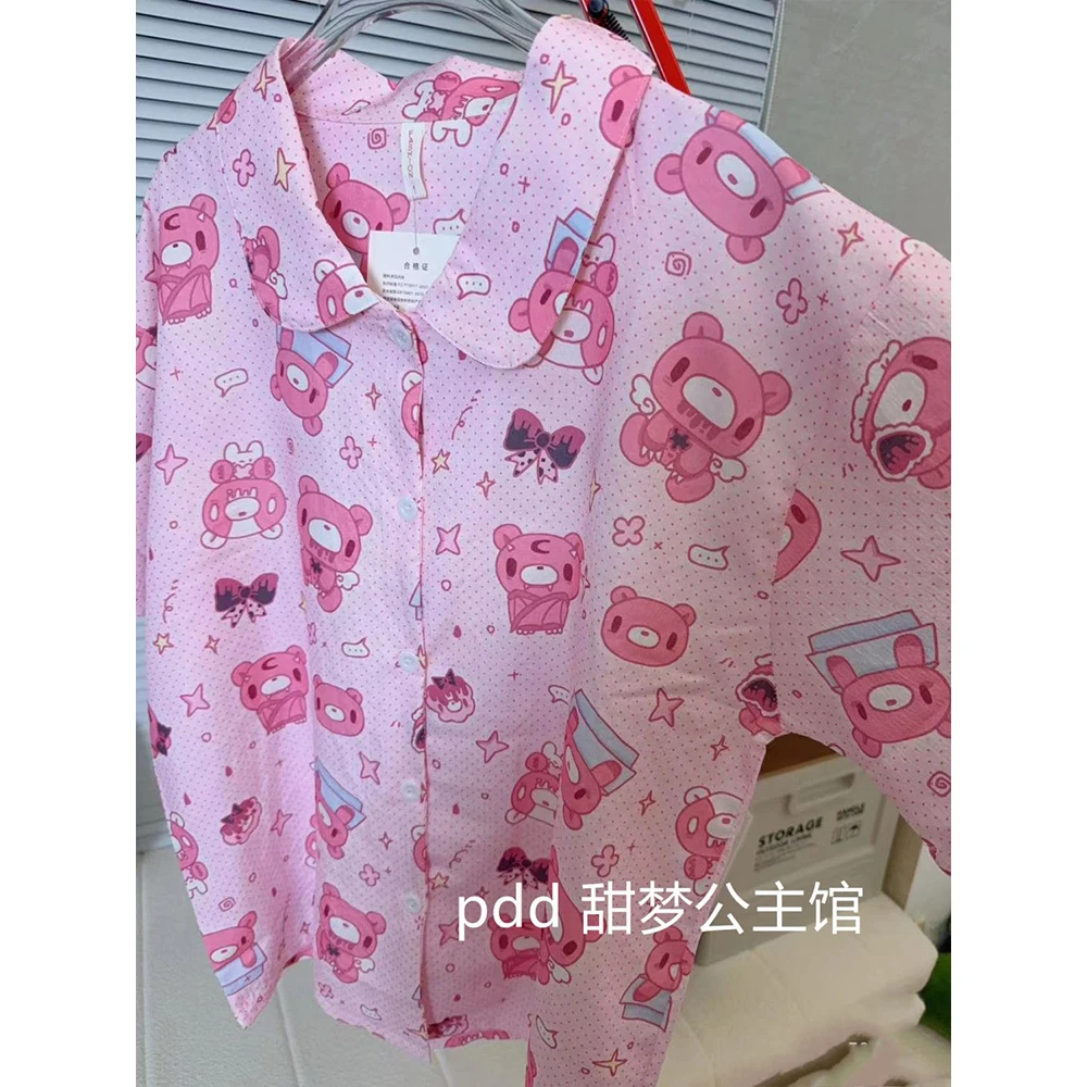3Pcs Women Kawaii Gloomy Bear Print Pajamas Set Doll Lapel Long Sleeve Trousers Sleepwear Cute Cartoon Loungewear Home Clothes view 3