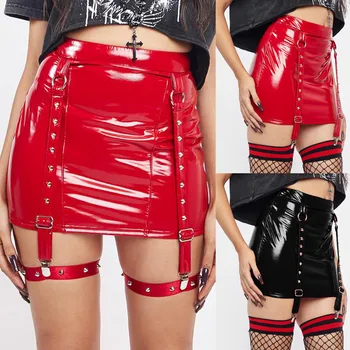 Image Hot Women Bodycon PU Leather Skirt Clubwear Y2k Streetwear Mini Skirt Garters Hip Hop Grunge Rivet Trendy Black Red Pencil Skirt