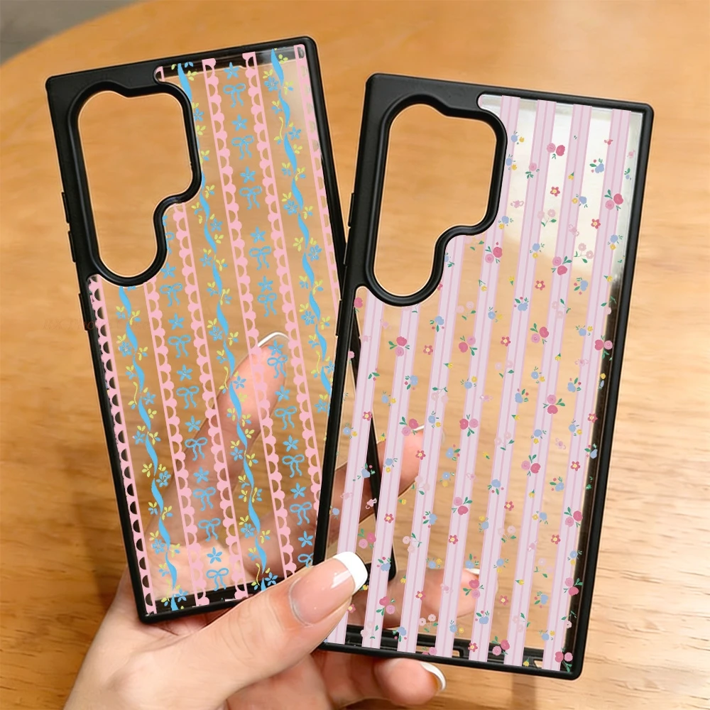 Coquette Bow Striped Floral Clear Phone Case For Samsung S26 Ultra S26 S25 Ultra S24FE S23 A56 A57 A55 A26 Acrylic Wrist Lanyard