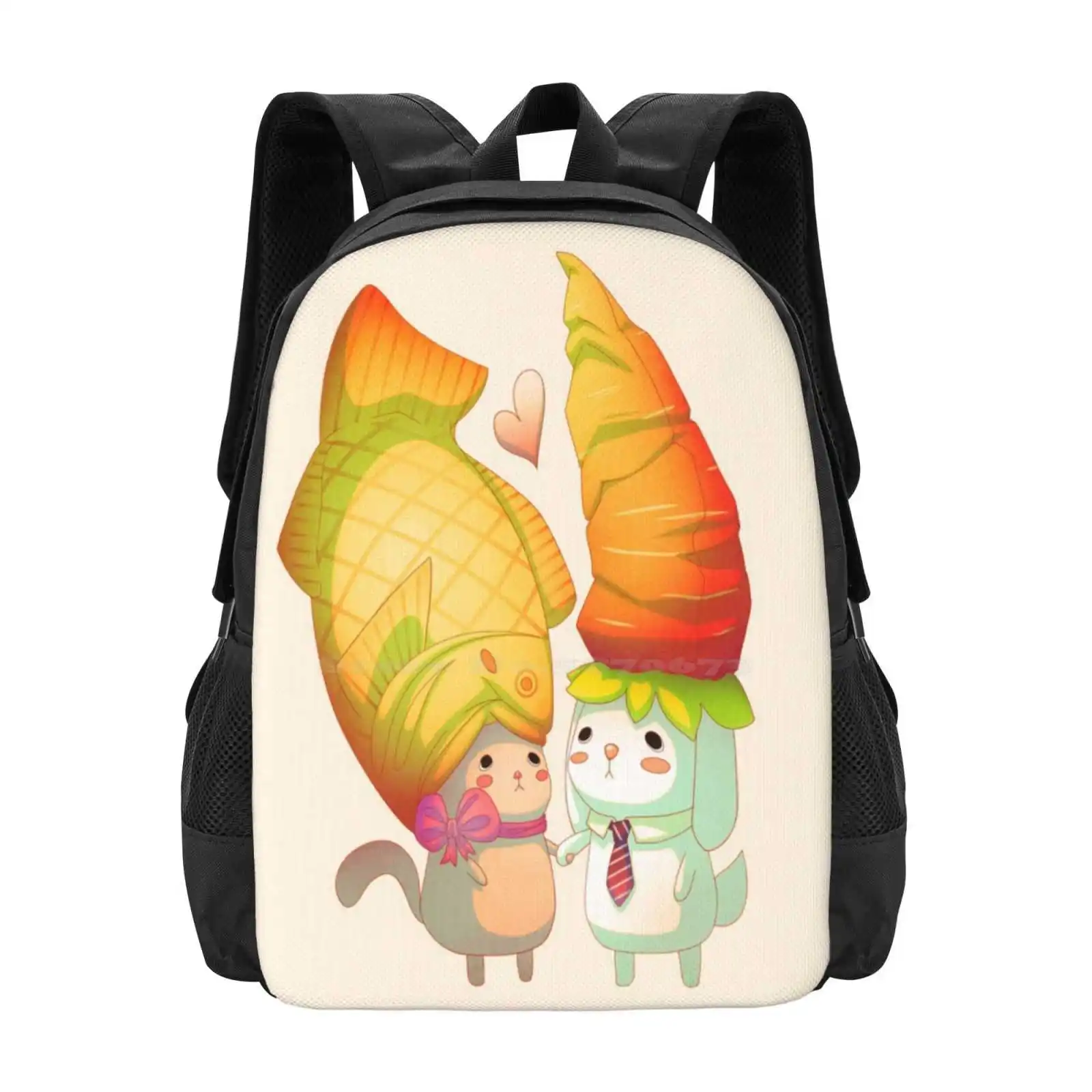 Taiyaki And Carrots Hot Sale Schoolbag Backpack Fashion Bags Taiyaki Carrot Bunny Rabbit Cat Kitty Kitten Fish Pet Animals Love