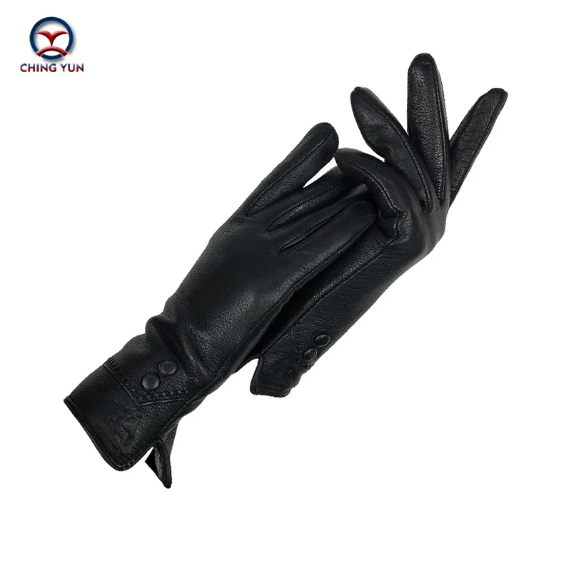 CHING YUN gants d'hiver pour femmes en cuir véritable peau de daim femme doublure en flanelle femme noir sur bouton mitaines de mode