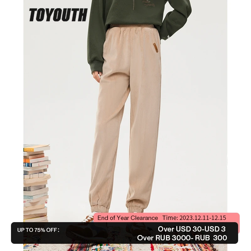 

Toyouth Women Corduroy Pants 2022 Winter Fleece Elastic Waist Loose Trousers Gray Khaki Warm Chic Casual Streetwear Long Pants