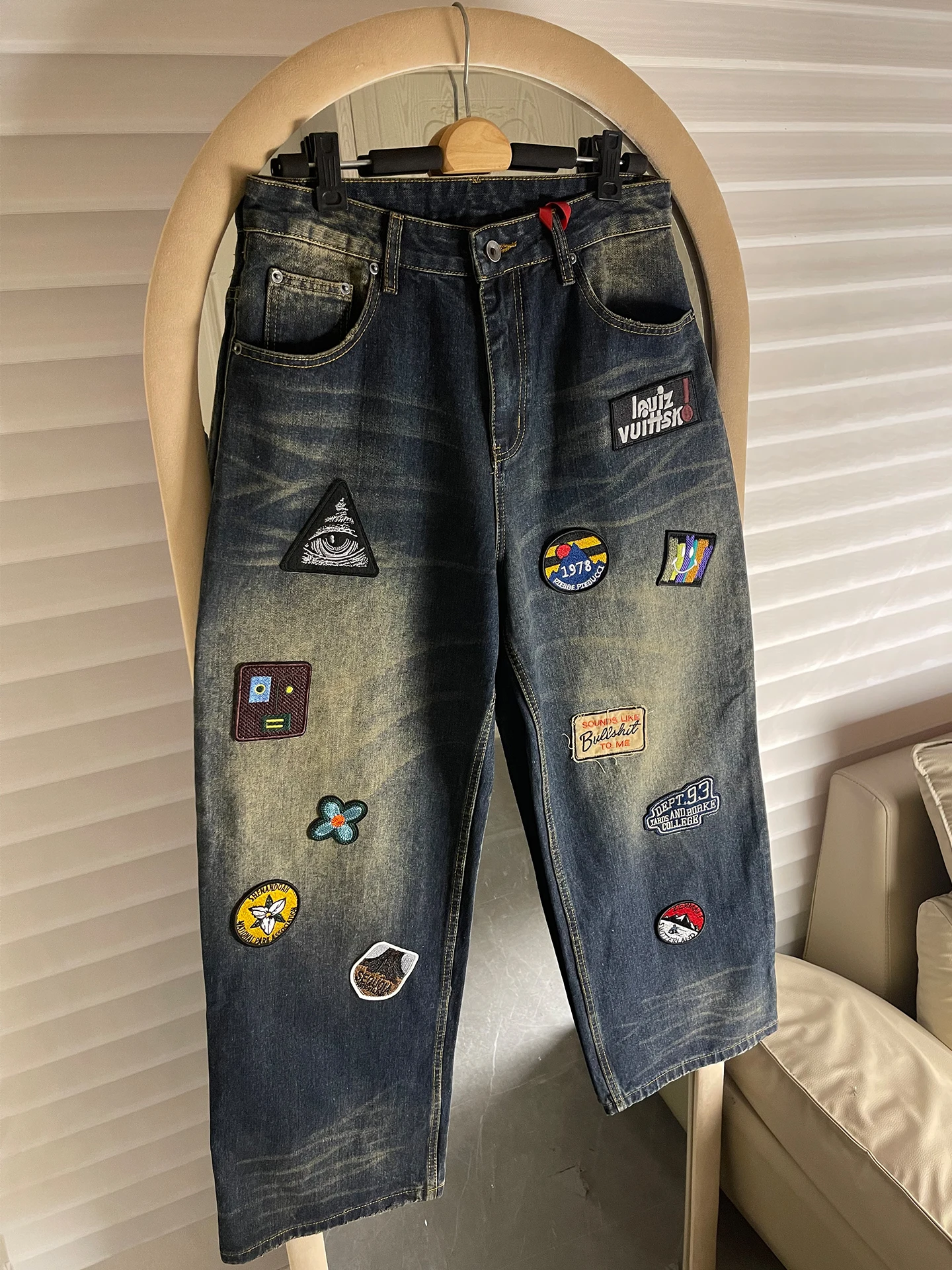 

Parisian Sle Embroidered Denim Jeans Men's American Heavy Waed Loose Straight Leg Wide Leg Pants Youth Faion Casual Wear