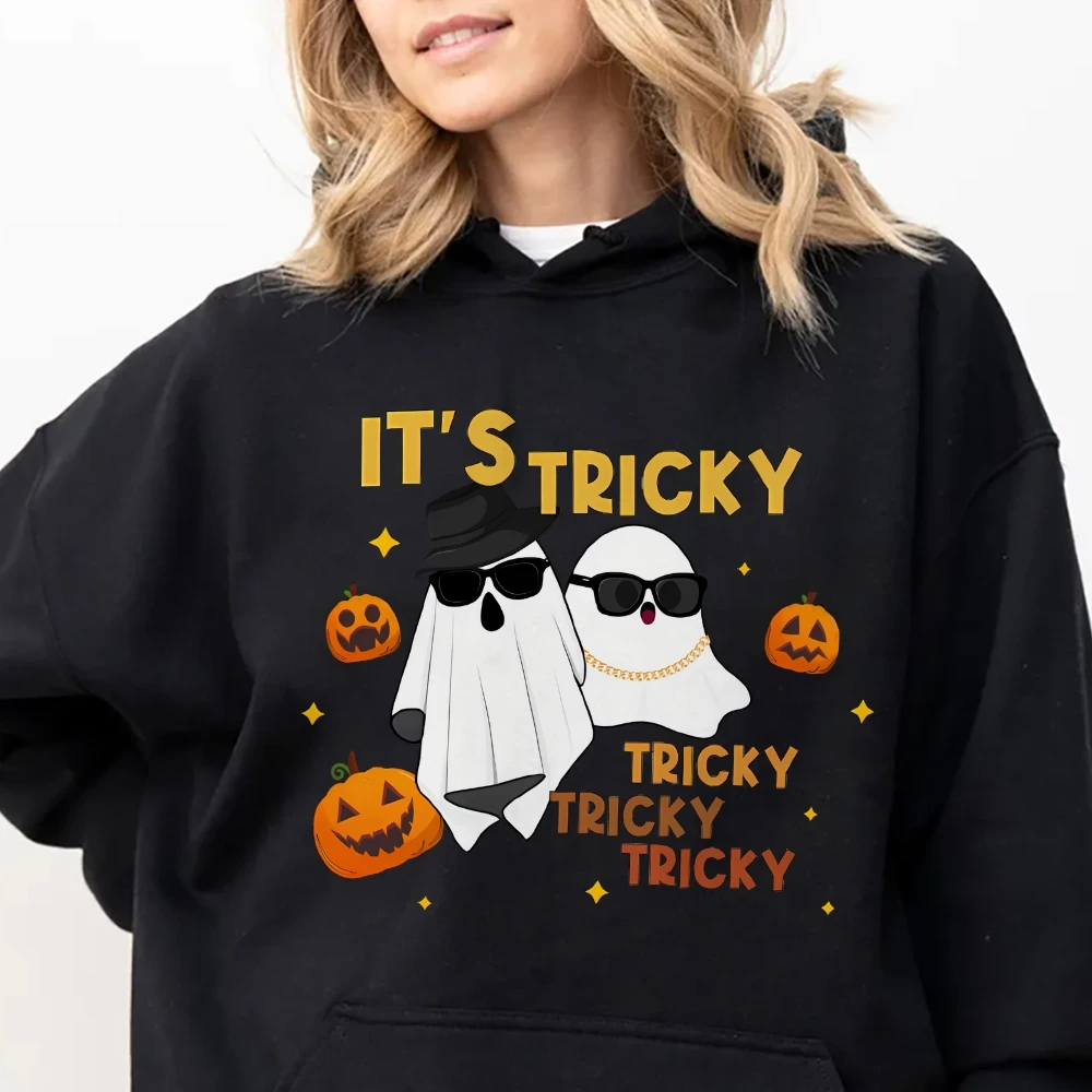 Retro Ghost It's Tricky Tricky Halloween Hoodie 90s Nostalgia Halloween Long Sleeve Shirt Funny Cool Pumpkin Ghost Top Pullovers