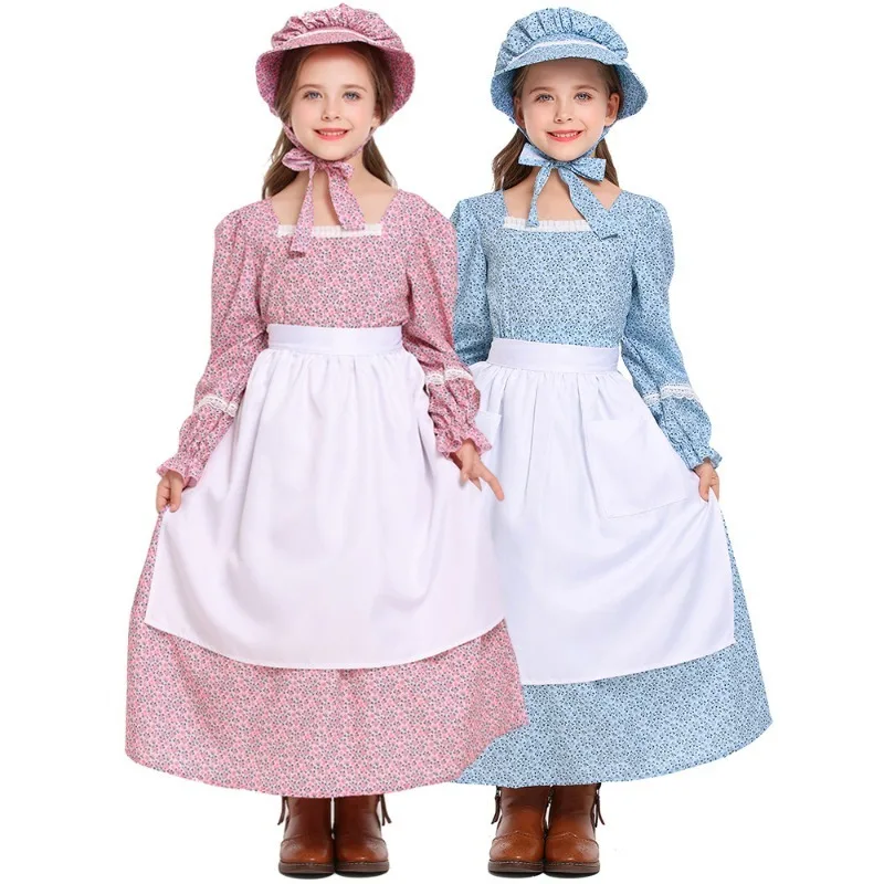 Countryside Style Pink Blue Floral Dress Grassland Pioneer Costume for Children