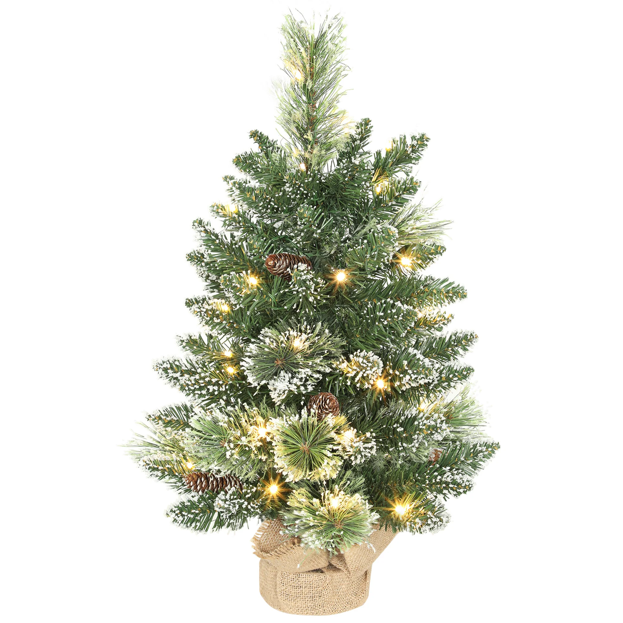 Homcom kerstboom met 35 led-verlichting, 60 cm, mini kunstkerstboom met 64 dichte takken met sneeuw, dennenappels, bessen en