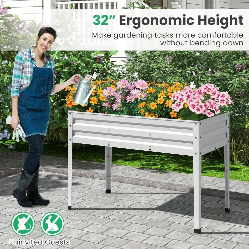 سرير حديقة مرتفع بأرجل، صندوق زراعة فولاذي مجلفن مقاس 46 × 24 × 32 للخضروات والزهور والفواكه، فضي سهل التجميع