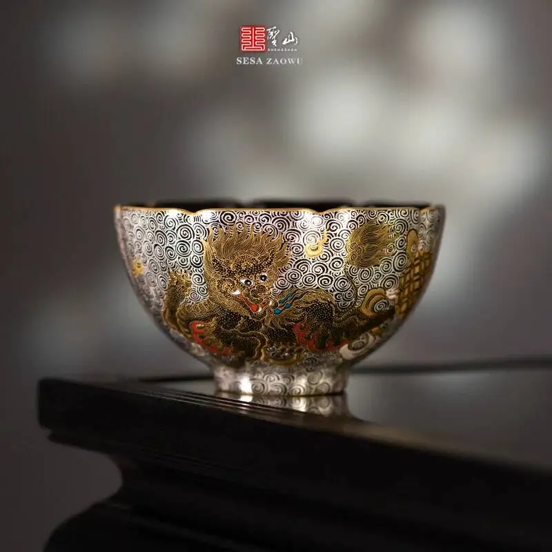 Holy Mountain Classy Black Glaze Enamel Gold And Silver Double Lion Master Jingdezhen Ceramic Set Tea Cup