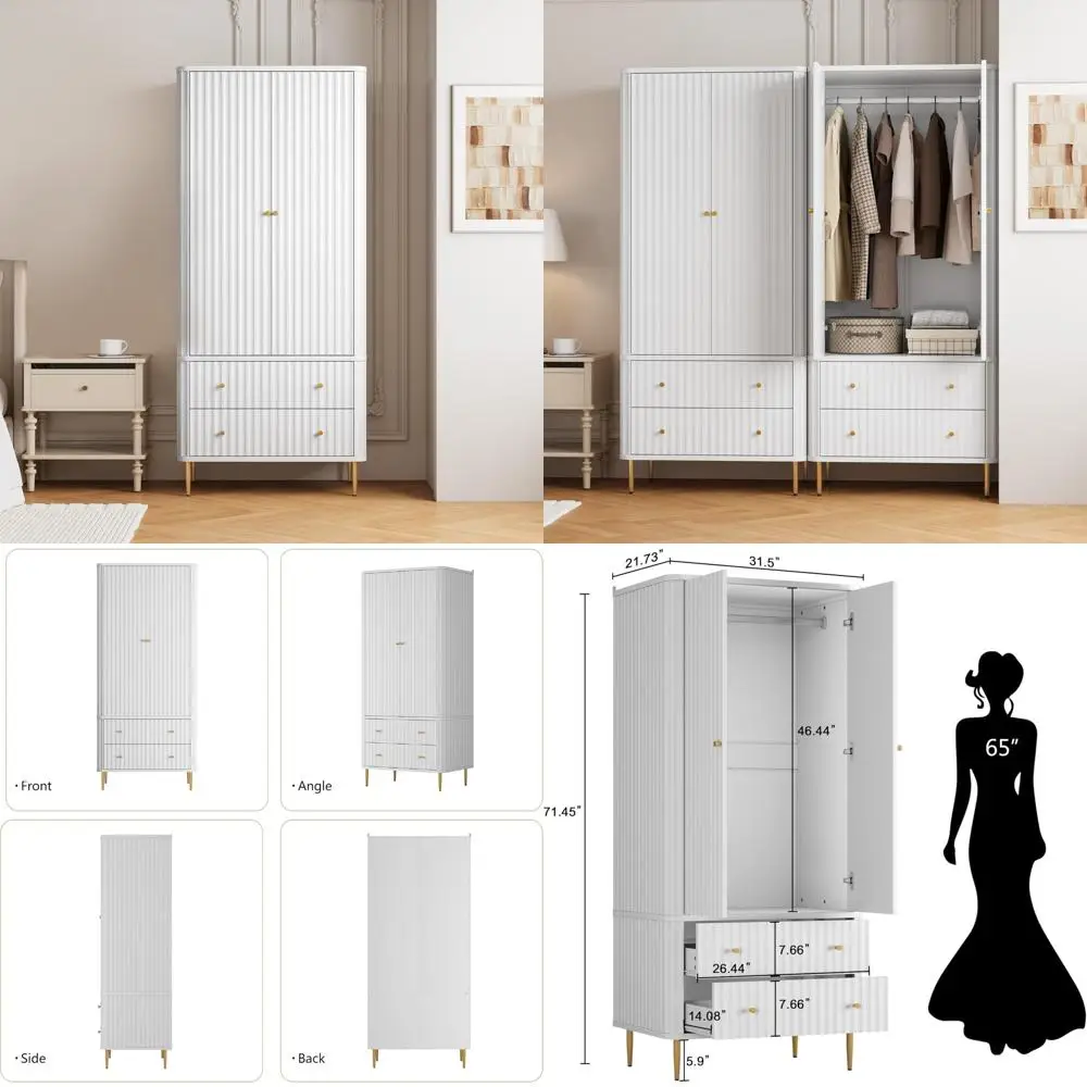 خزانة ملابس خشبية كبيرة الحجم بطول 72 طويل القامة مع قضيب تعليق وأدراج لتخزين غرفة النوم