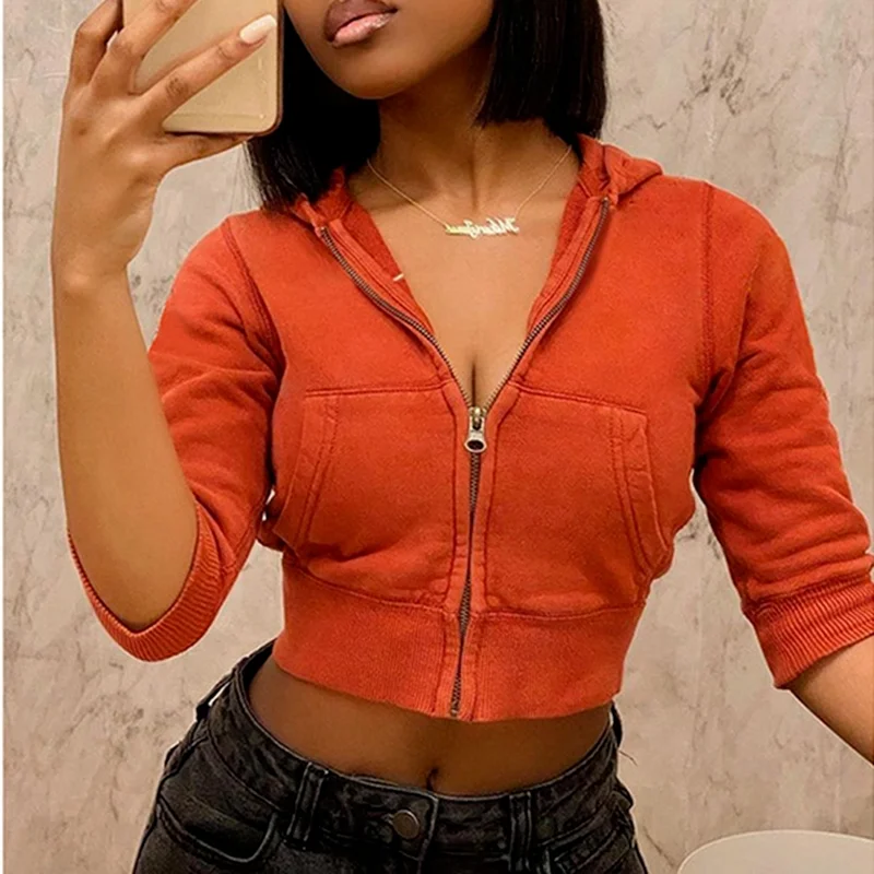 

Sexy Fashion Nine-point Top Long Sleeve Zipper Hoodie Top Ladies Autumn and Winter Clothes Streetwear Ladies Jacket Pocket Top