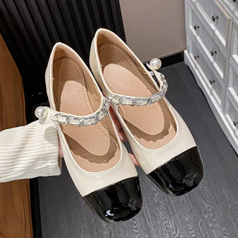 Luxury Designer Women Mary Jane Shoes Elegant Pearl Shiny Square Toe Footwear Large Size 2025 Spring Low Heels Ladies Pumps image 3