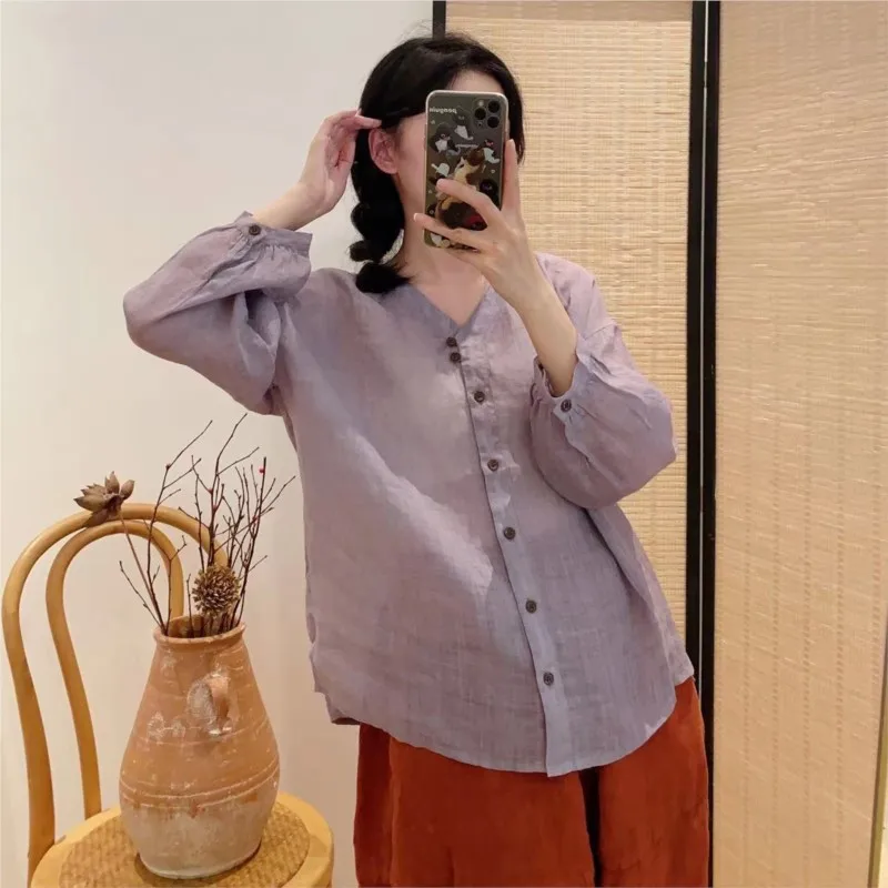 Imagem -04 - Johnature Retro Casual Ramie Luz Roxo Camisa para as Mulheres Primavera Verão 2024 Fina Roupas de Proteção Solar Solto Topos Novo