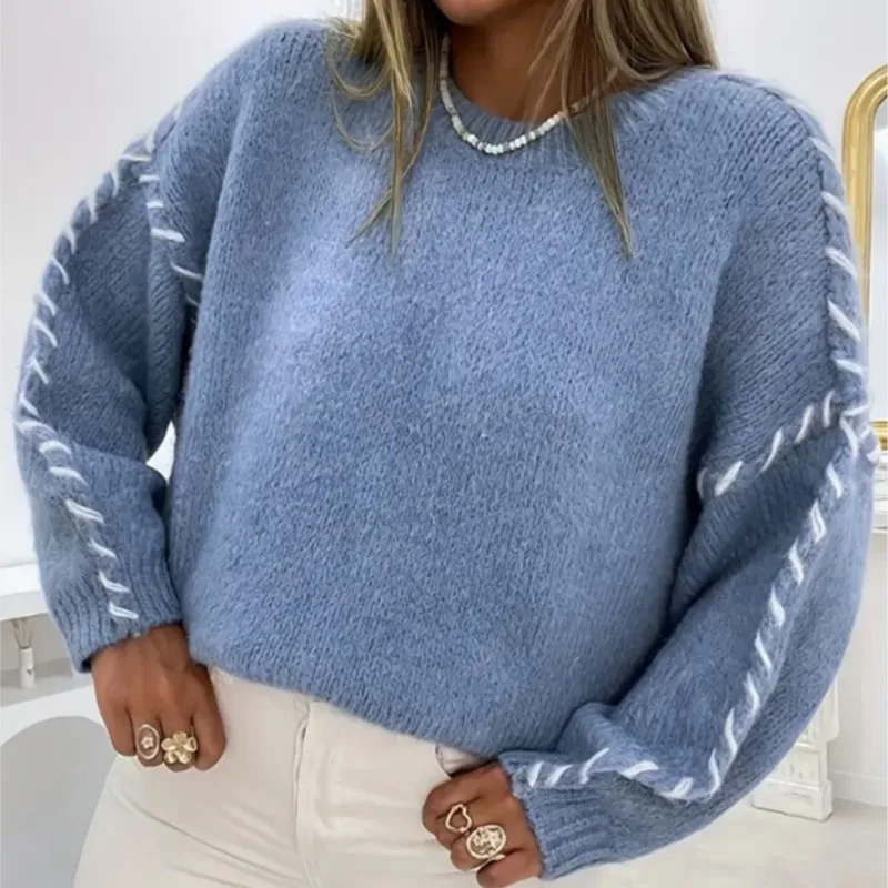 Autumn Winter Fashion New Loose Pullover Knitted Sweater Women's Contrast Color Round Neck Casual Simple Style Trendy Sweater