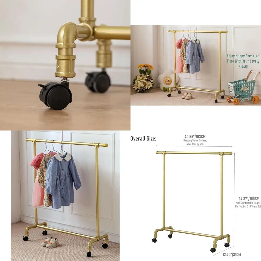 

Portable Heavy-Duty Metal Pipe Kids' Clothing Rack with Hooks in Gold