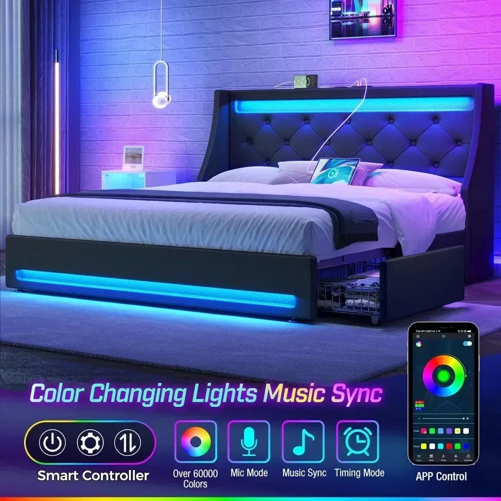 Twin Bed Frame with LED Lights and Charging Station, Wooden Planks, Easy To Assemble Upholstered Bed with Drawers