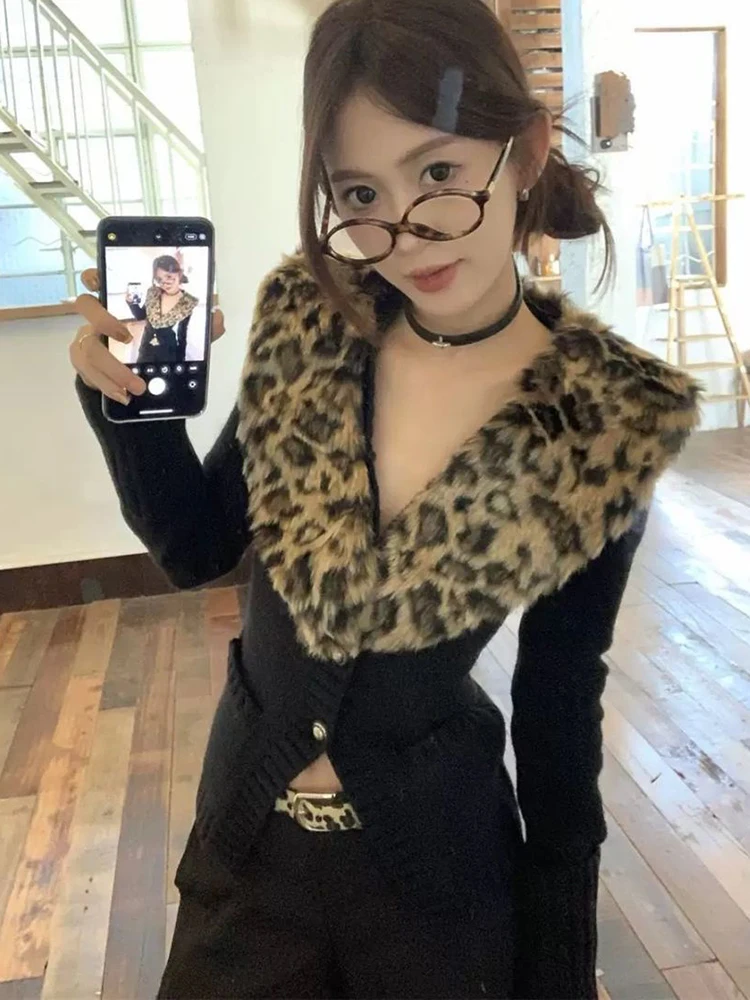 Sexy Leopard Knitted Cardigan Women Vintage Streetwear Fall Winter Patchwork Sweaters Korean Button Slim Fit Hotsweet New Coats - Image 6