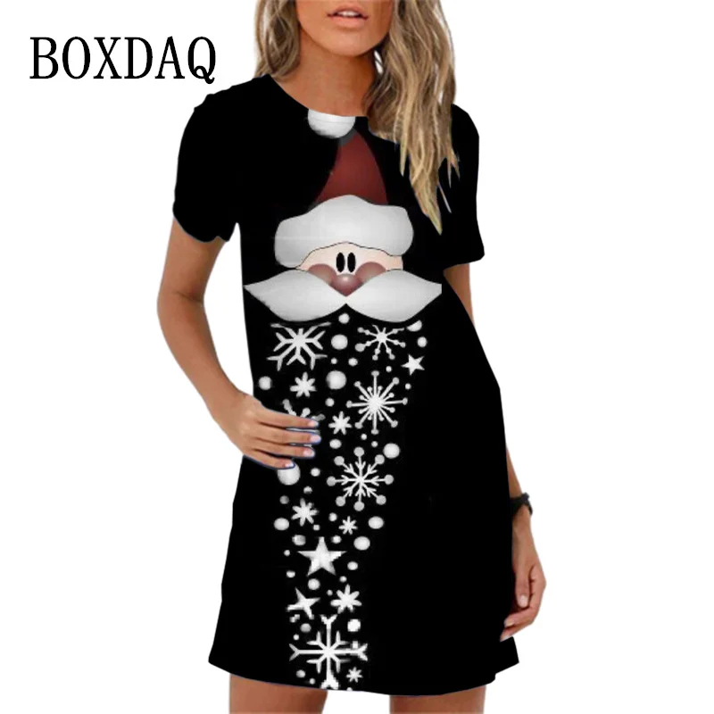 Lovely Red Santa Claus Dress 2023 New Short Sleeve Loose Casual A-Line Dress Sweet Cute Cartoon 3D Pattern Women Dress Vestidos