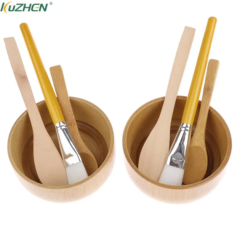 2pcs/4Pcs Empty Bamboo Facial Mask Bowl With Spoon Cosmetic Wooden Mask Tools DIY Tableware Makeup Container Set