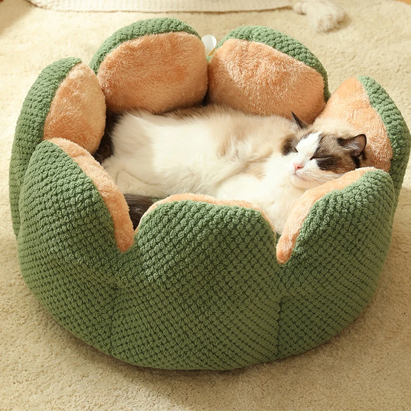 Petal-Shaped Cat Bed Round Pet Plush Kennel Winter Warm Kittens Goods Fluffy Cat Bed Basket Pet Dog Cushion Puppy House Supplies