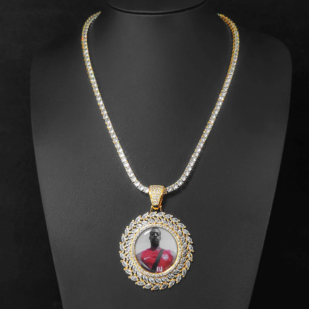 Hip Hop Jewelry 51mm Iced Out Custom Memory Picture Pendant Personalized Round Photo Necklace with Wheat Ear Shape ﻿