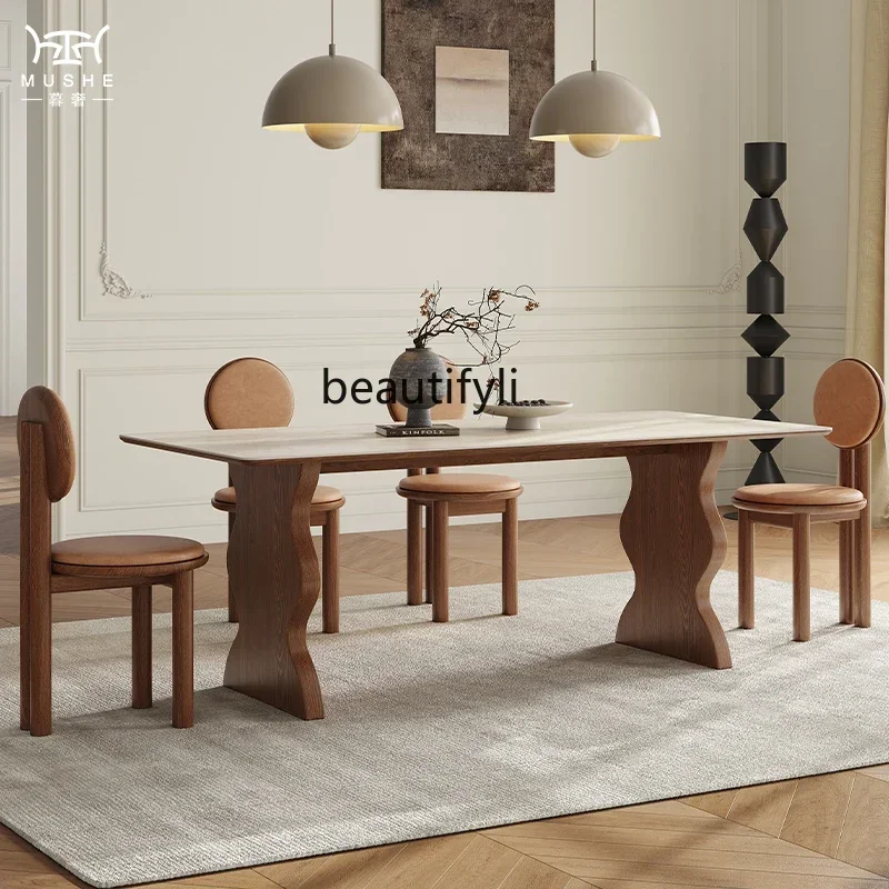 ss 8617 French retro travertine rock slab rectangular dining table and chair combination simple household dining table