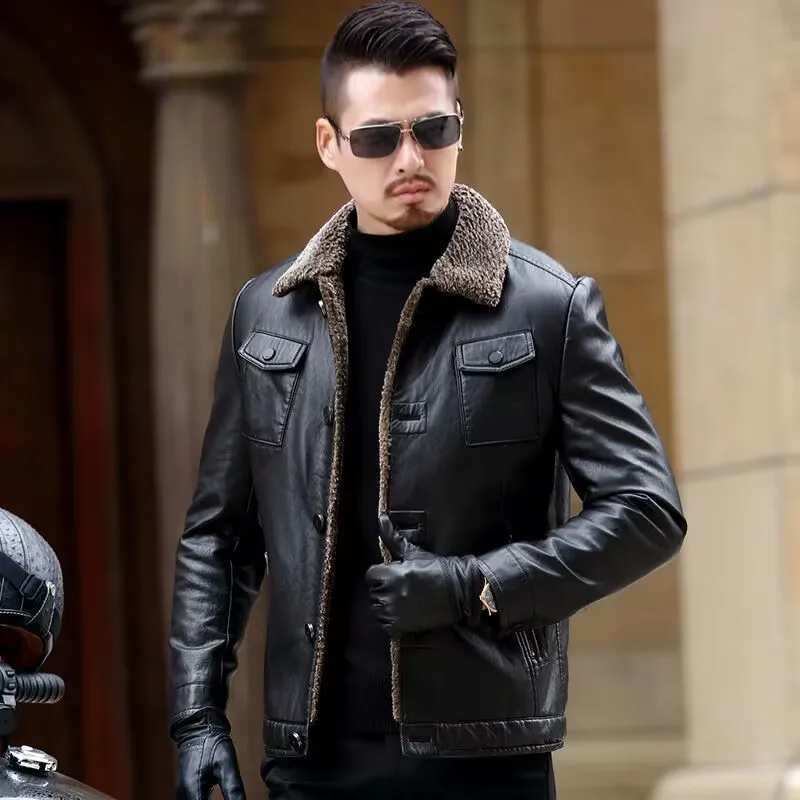 Middle-Aged Men Leather Coat Winter Fleece-Lined Thicken Solid Color Outwear Men Fashion Casual Large Size Lapels Leather Jacket