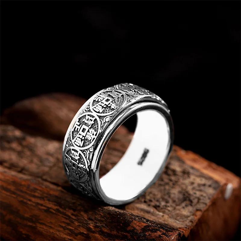 Trendy S925 Silver Ring For Men Jewelry Retro Ethnic Style Emperors Coin Rotatable  Auspicious Ring Male Accessories