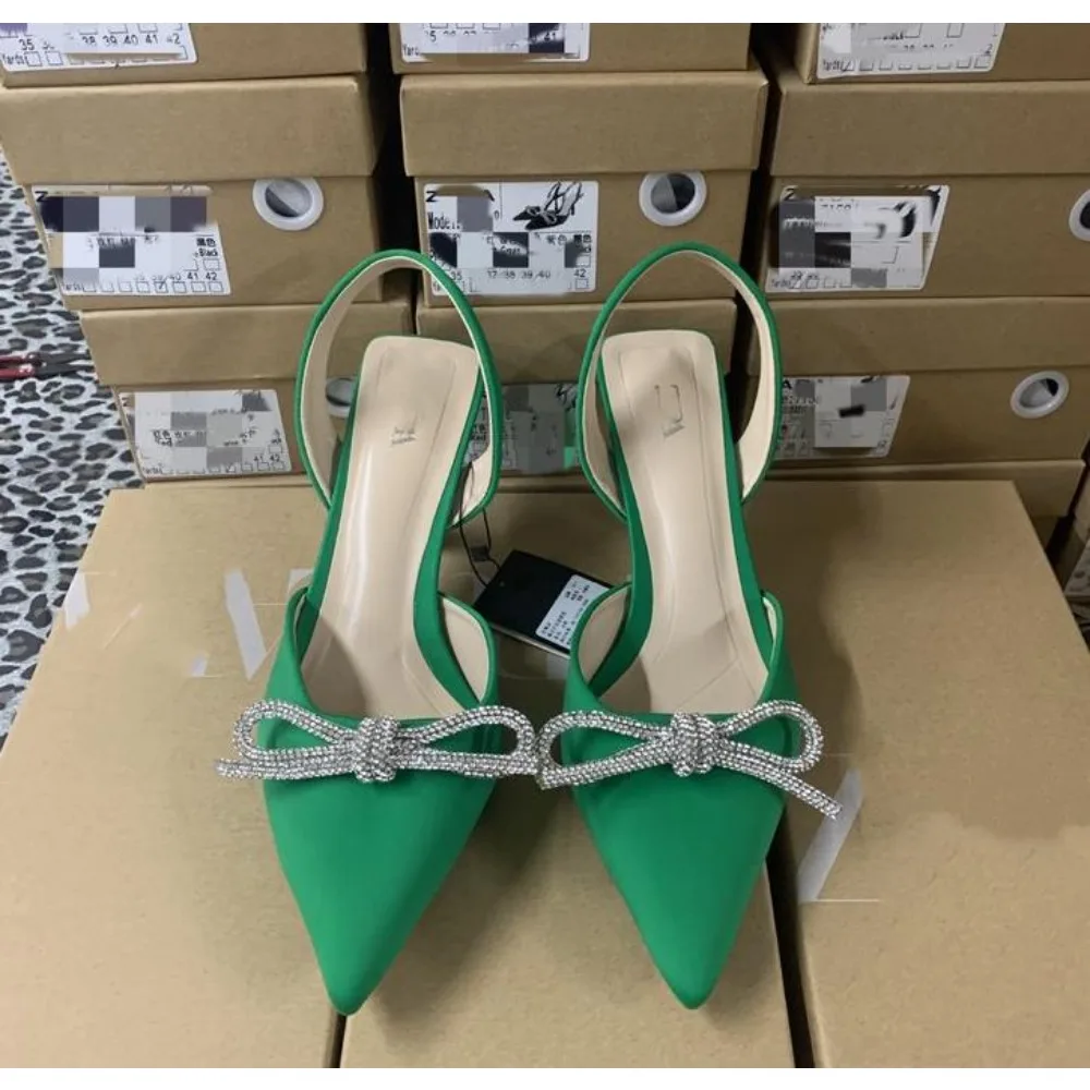 Women Blue Slingback Pumps High Heels Crystal Bowknot Party Dress Shoes Woman Sexy Pointed Toe Stiletto Heel Sandals Summer