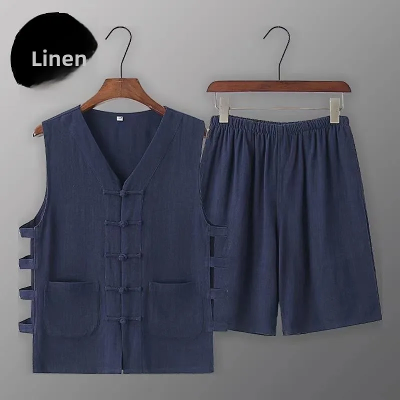Summer Men's Large Size Cotton Linen Tang Suit Vest Mandarin Collar Button-Up Design Casual Ethnic Wear Comfortable Breathable