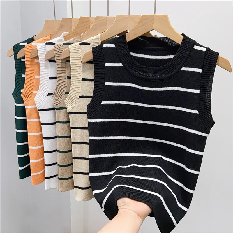 Women\'s Basic Tank Crop Top Female Knitted Sleeveless Basic Striped T shirts Women\'s Slim Stretchy Thin Knitwear Summer