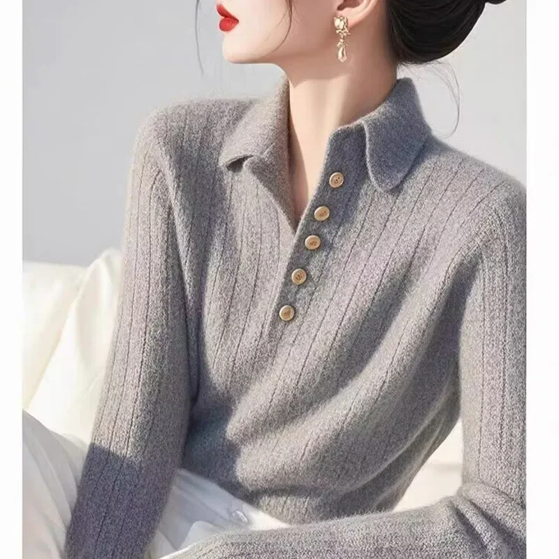 

Autumn Winter Vintage Solid Turn-down Collar Sweaters Temperament Simple Slim Pullovers Women Clothing Fashion Wool Knitwear Top