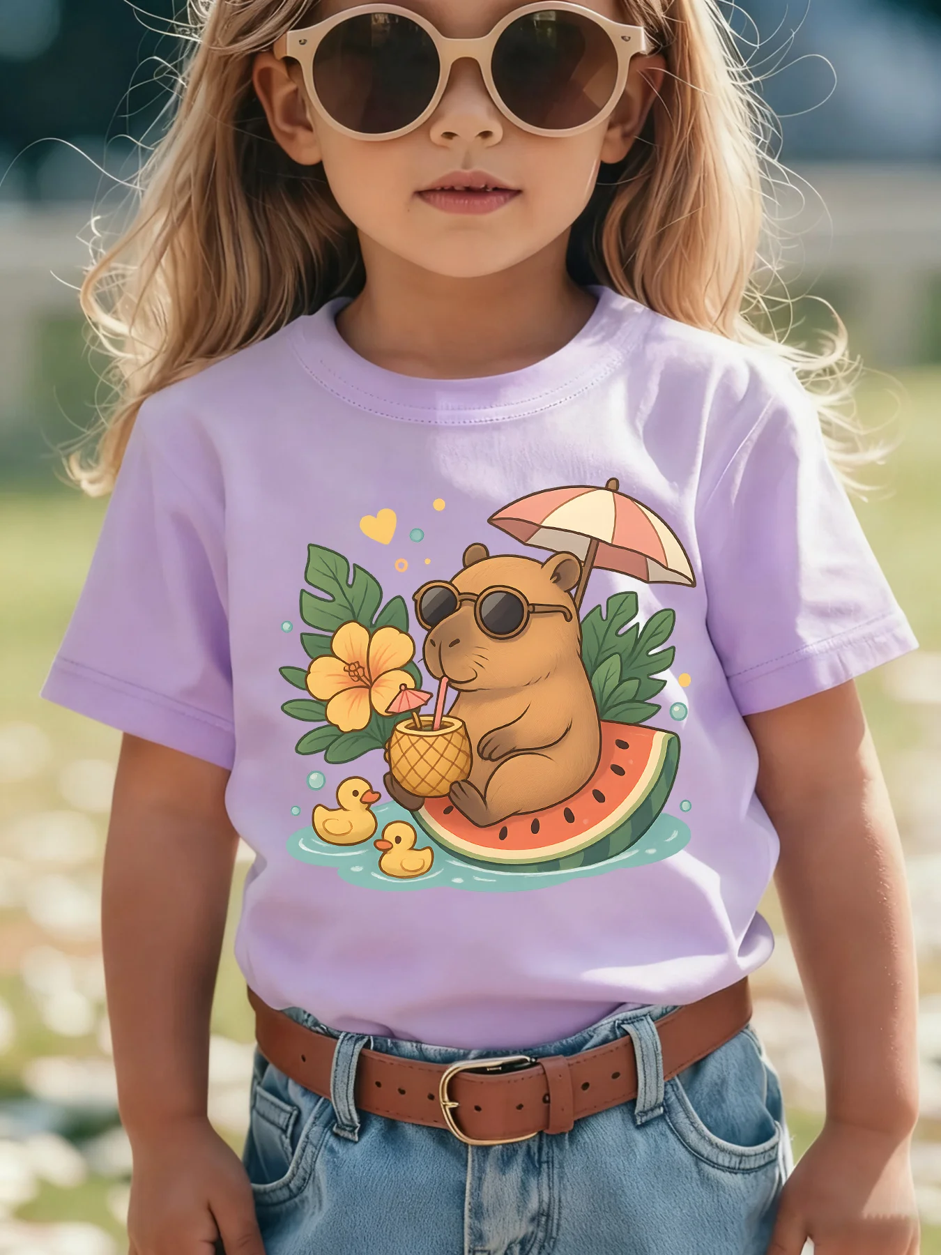Kids Tshirt  Girls Purple Cotton T-shirt Cute Capybara Holiday Print Casual Short Sleeve Tee Tops  Kids Clothes Girls T Shirt