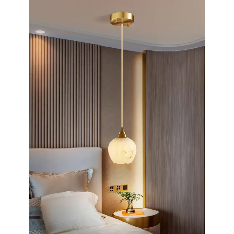 Nordic All Copper Marble Bedroom Bedside Small Pendant Light Minimalist Modern Restaurant Corridor Single Head Decorative Light