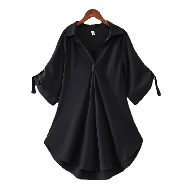 Medium to Long Short Sleeved Chiffon Shirt for Women's Summer New Style Loose Fit Waist Cinching Slimming Chiffon Top