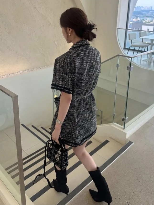 Zomer Nieuwe Sle vrouwen Dr Dubbele Rij Knop Grof Tweed Geweven ort Rok Gemengde Kleur Hoge Faion Sensation Pendelen Sle