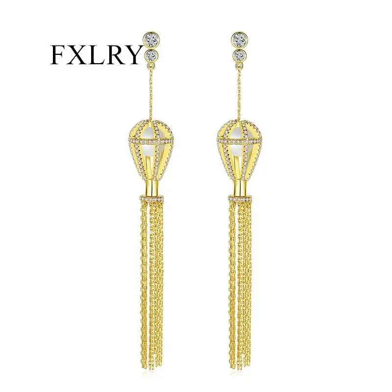 FXLRY Luxury Gold Color Micro Paved Zircon Boho Design Lantern Tassel Long Drop Earrings for Women Girls Party Jewelry