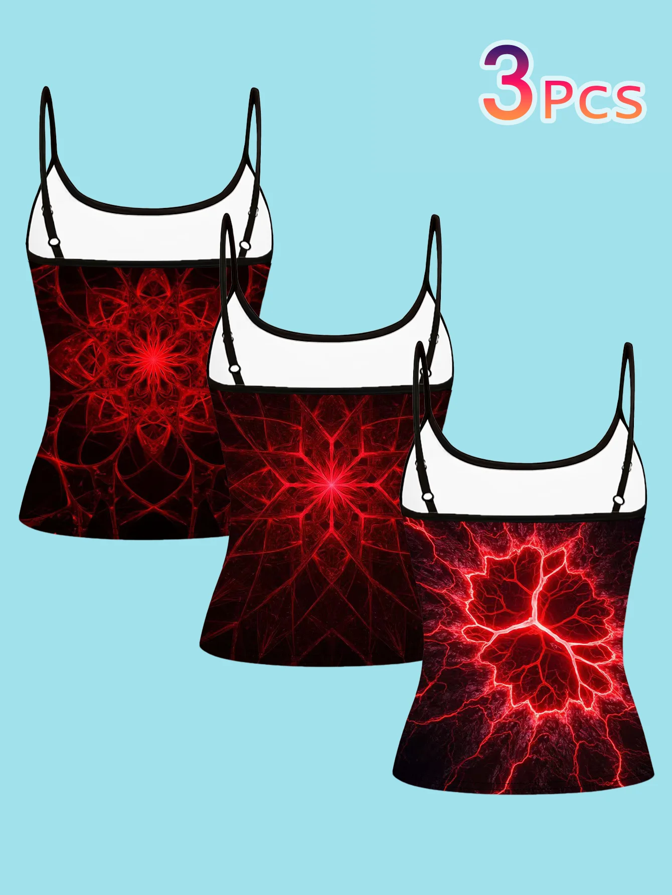 3-Piece Set of Women's Summer Thin Camisoles with Red Fractal Lightning Mandala Print, Slim Fit, Can Be Worn as an Inner Layer or Outerwear