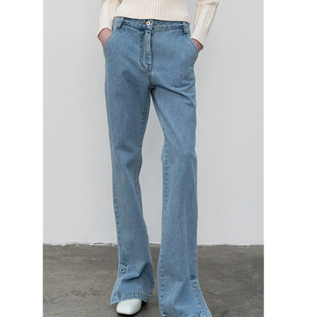 

Dave&Di High Street Fashion Minimalist Side Split Jeans Women's High Waist Slim Leisure Slim Flap Pants Versatile Straight Jeans