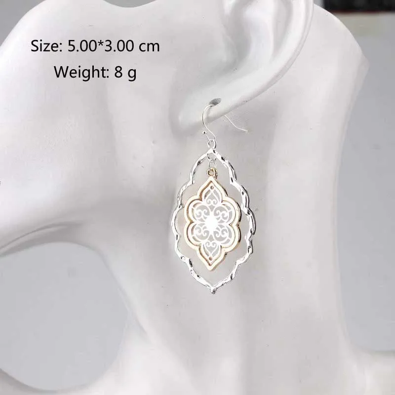 Hammered Metallic Border Gold Silver Filigree Cutout Moroccan Drops Dangle Earrings for Women
