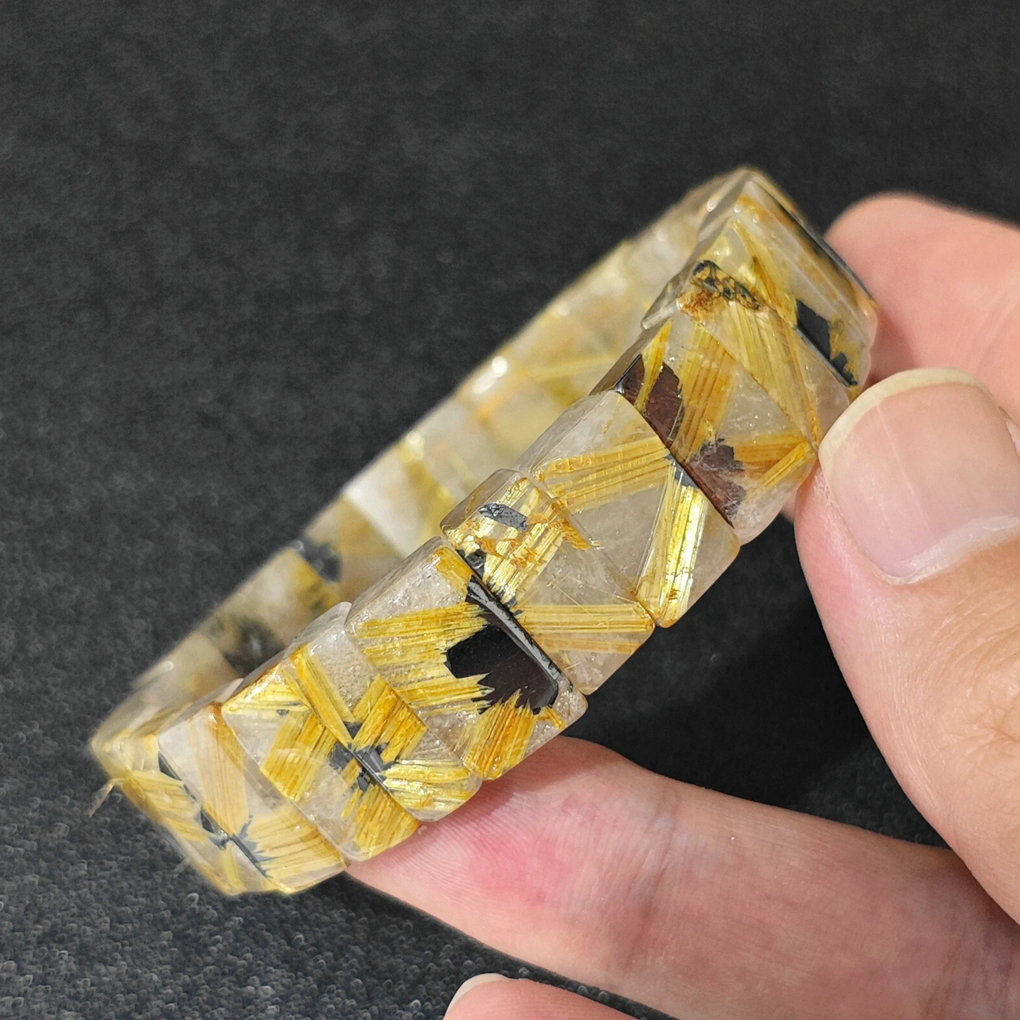 Natural Gold Rutilated Quartz Bracelet 16x8mm Rectangular Tile Segment Bangle Golden Rutile Gemstone Stretch Cuff Gift 16-22cm