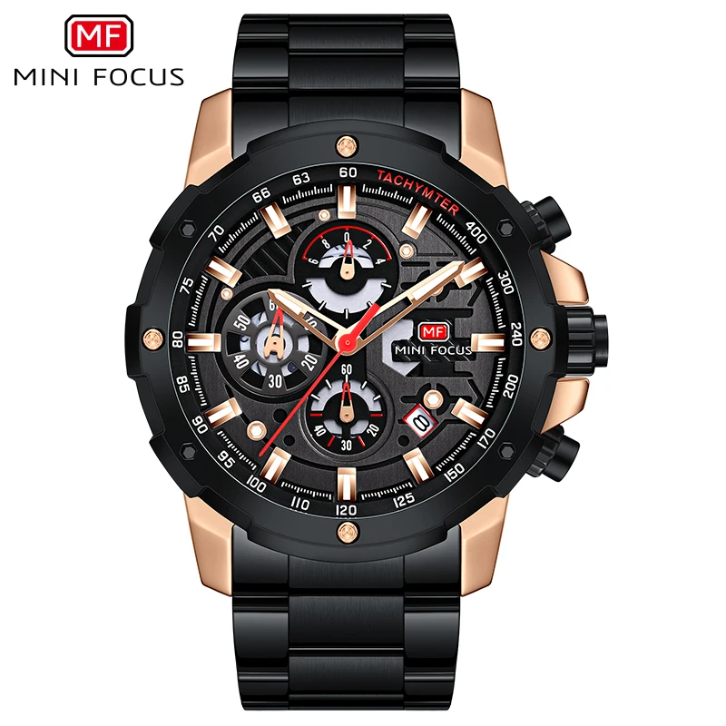 MINI FOCUS 2026 Dress Watch Men Chronograph Quartz Wristwatch with Black Stainless Steel Strap Luminous Hands Date Waterproof