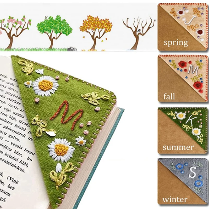 4 Pcs Spring, Summer, Autumn And Winter Bookmark Embroidery Bookmarks Hand-Embroidered Corner Decoration(J)