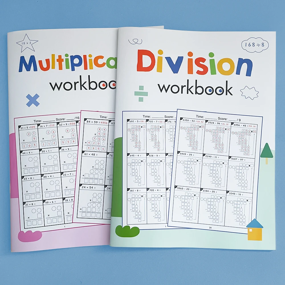 2 books Long Division Practice 2-digit Multiplication Worksheet Mathematical Operation Calculation Homework Workbook for student