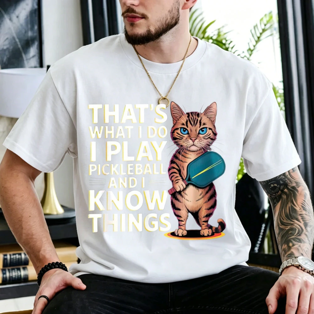 Cute Tabby Cat Holding Pickleball Paddle Graphic Cotton T Shirt That’s What I Do I Play Pickleball Text Cat Sports Casual Tops