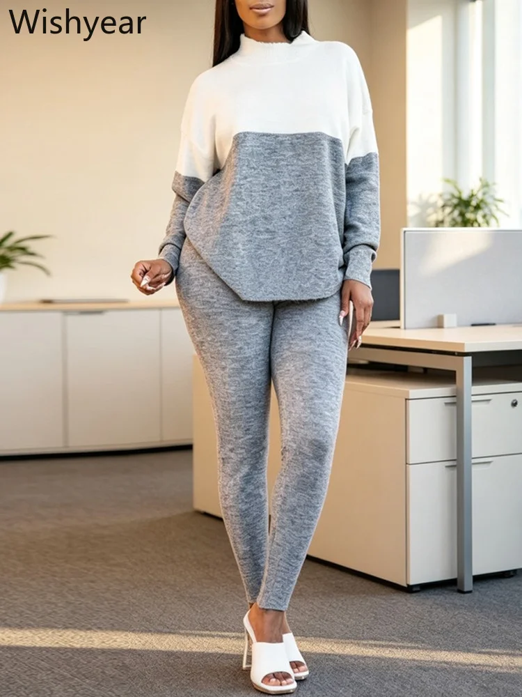 Stylish Women’s Color Block Pants Set Long Sleeve Sweater Top Slim Fit Trousers 2 Piece Suits Casual Loungewear for Streetwear