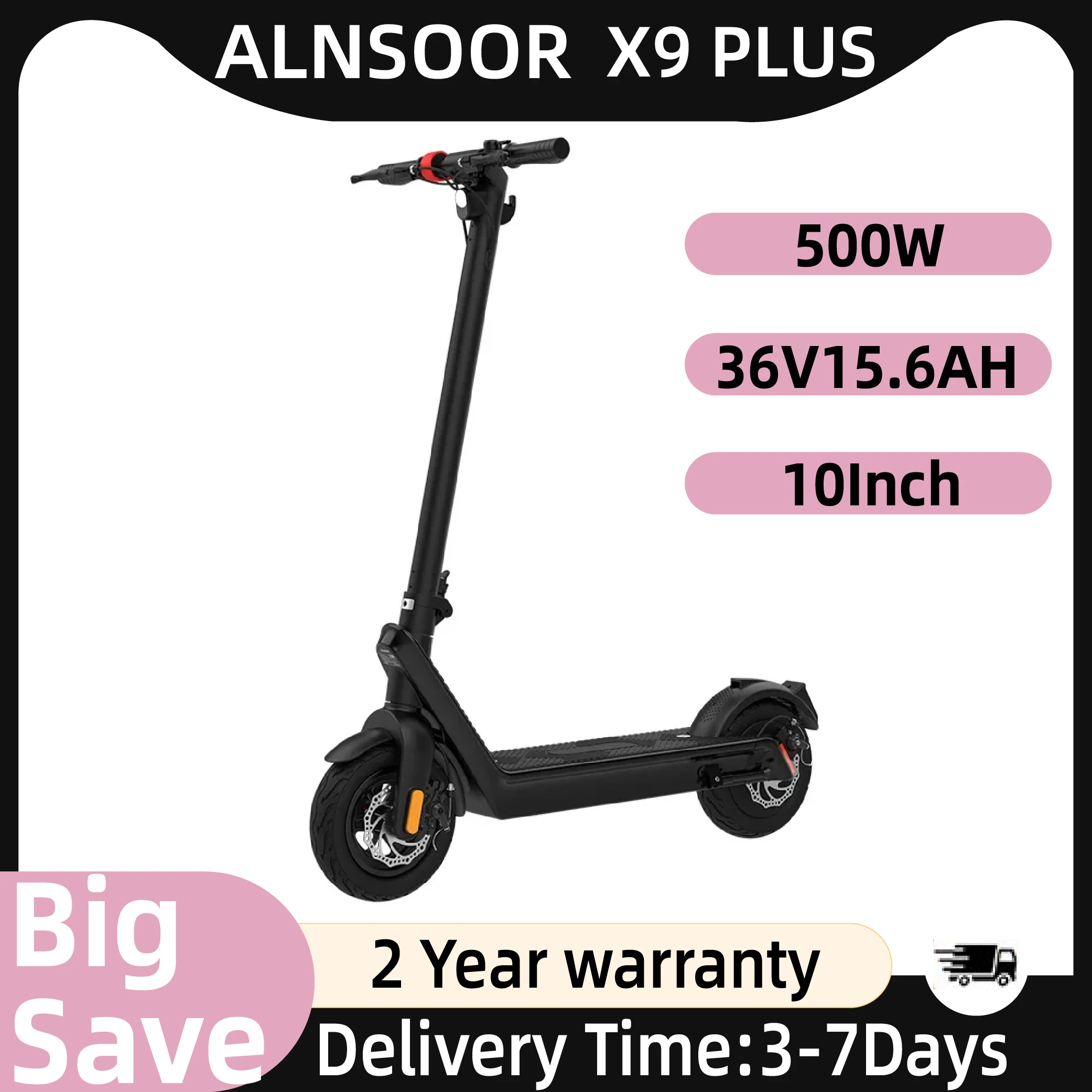 Trottinette électrique Alnsoor X9 Plus City, moteur 500W, batterie 36V 15.6AH, trottinette électrique de ville, pneus de route de 10 pouces