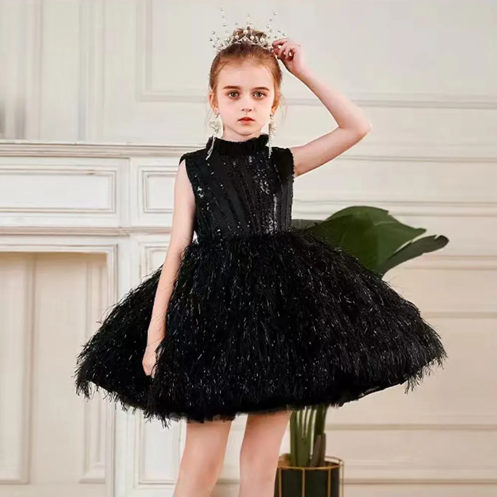 

Sparkly Black Arabic Girl Dress Feathers Baby Kids Princess Birthday Wedding Party Children Holiday Gown 2025 J175