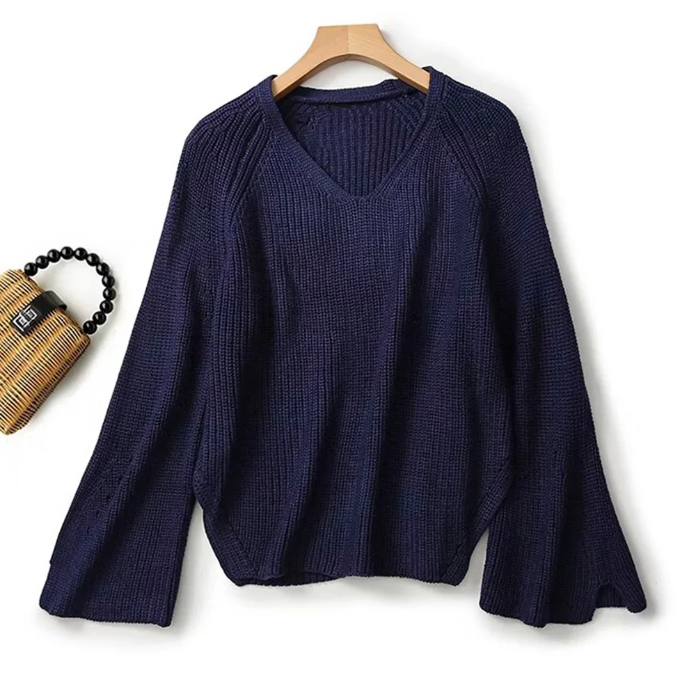 

Женский модный универсальный пуловер с рукавами-фонариками и V-образным вырезом, повседневный свободный свитер с разрезом, осень 2023